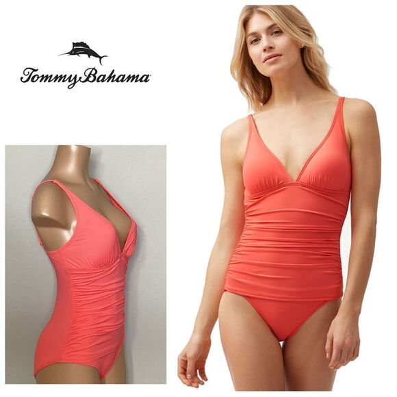 New. Tommy Bahama Over-The-Shoulder V-Neck One Piece, Paradise Coral - Picture 1 of 9